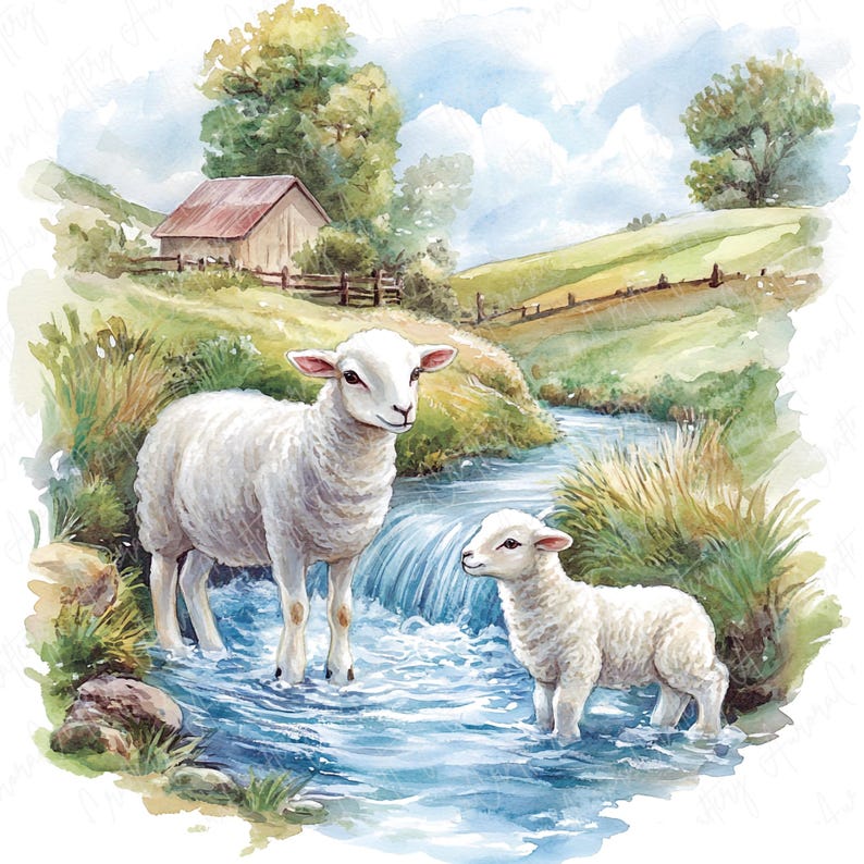 May include: Two white sheep standing in a stream of water. The larger sheep is on the left side of the image and the smaller sheep is on the right. The stream is flowing over rocks and there is a small waterfall in the background. The sheep are in a grassy field with a small wooden house in the background.