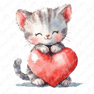 4 aquarel Cyperse kitten clipart, schattige grijze katten met rode harten, kat clipart voor romantische ambachten, kaarten, scrapbooking, hoge kwaliteit JPG