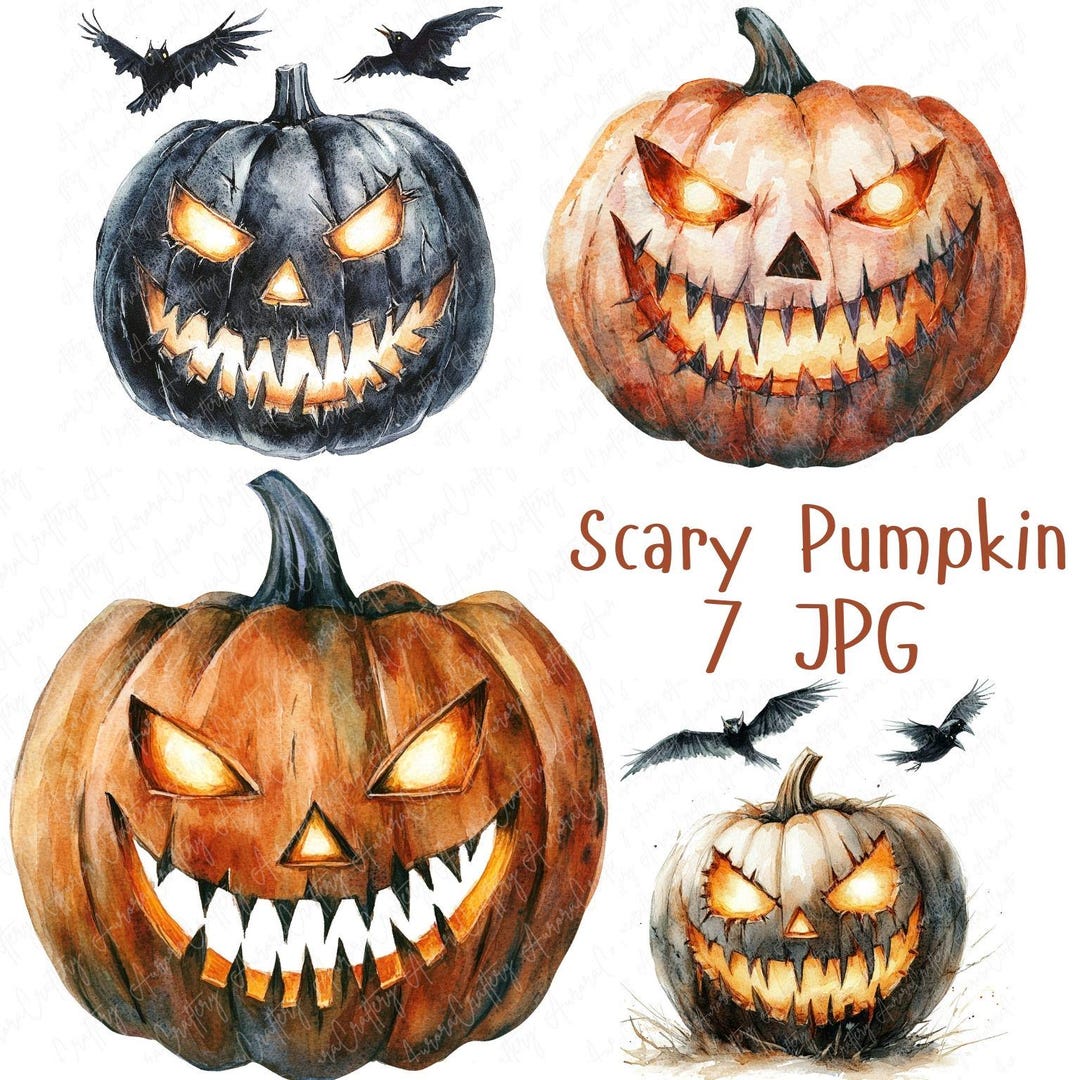 7 Spooky Pumpkin Faces Clipart, Watercolor Scary Pumpkin Clipart Jack O ...