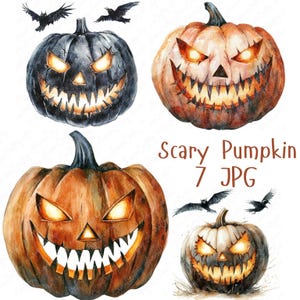 7 Spooky Pumpkin Faces Clipart, Watercolor Scary Pumpkin Clipart Jack O Lantern, Pumpkin Lantern Scary, High Quality JPG Digital Download