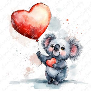 4 Koala acquerellati con palloncini a forma di cuore, set di clipart di koala romantici per San Valentino, cameretta dei bambini o biglietti d'auguri, JPG di alta qualità
