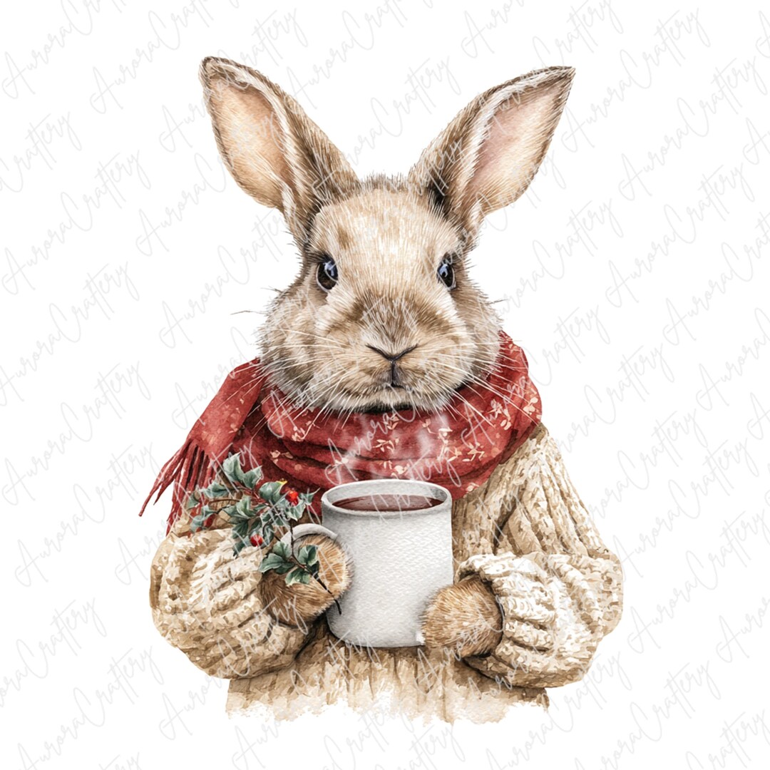 Watercoller Winter Rabbit 8 Watercolor Cozy Bunny Clipart, Rabbit in Knit Sweater With Mug, Warm ...