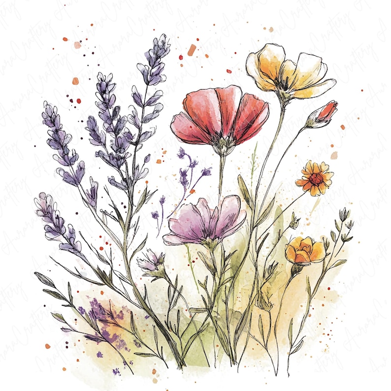 Watercolor ink wildflowers clipart image file JPG, featuring delicate botanical flower designs with hand-drawn ink accents, perfect for creative projects like wedding invitations and scrapbooking