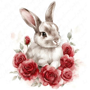 10 Watercolor Rose Bunny Clipart, Cute Valentine's Bunnies With Red ...