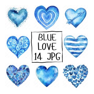 14 Clipart acquerello di cuori blu, Clipart romantico di cuori blu per San Valentino, biglietti, scrapbooking, download JPG di alta qualità