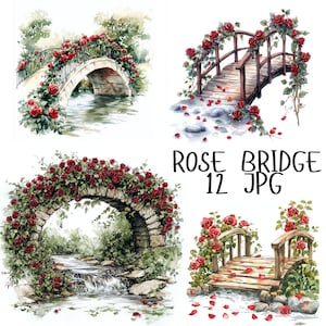 12 Aquarell Rose Brücke Clipart, rote Rose Clipart, Valentinstag Clipart für romantisches Kunsthandwerk, Blumenliebe Clipart, hochwertiger JPG Download