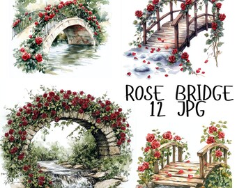 May include: Four watercolor paintings of bridges covered in red roses. The bridges are different styles, some are stone, some are wood. The bridges are over water, some with waterfalls, some with streams.