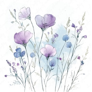 Watercolor ink wildflowers clipart image file JPG, featuring delicate botanical flower designs with hand-drawn ink accents, perfect for creative projects like wedding invitations and scrapbooking