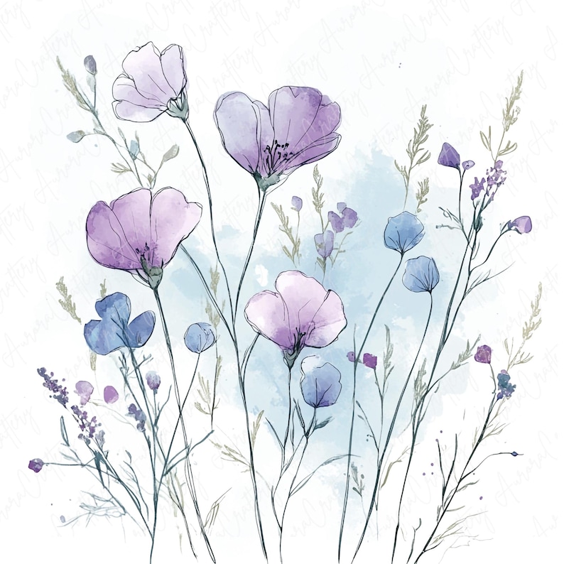 Watercolor ink wildflowers clipart image file JPG, featuring delicate botanical flower designs with hand-drawn ink accents, perfect for creative projects like wedding invitations and scrapbooking