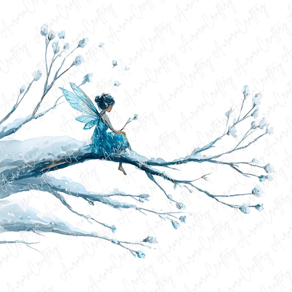 8つの水彩画冬の妖精のクリップアート、木の枝に座る青い雪の妖精の