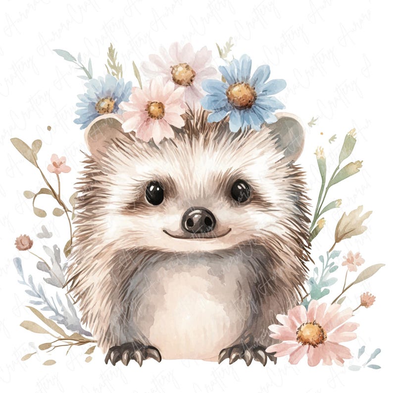 A collection of 9 watercolor hedgehog clipart images, featuring hedgehogs in floral woodland settings, perfect for nursery decor and woodland-themed projects.