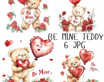 6 水彩 Be Mine テディ クリップアート、ハートとバラのかわいい