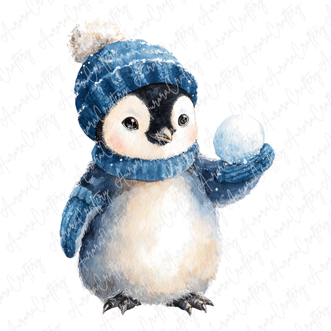 6 Watercolor Penguin Clipart, Cute Penguins With Snowballs in Blue Hats ...