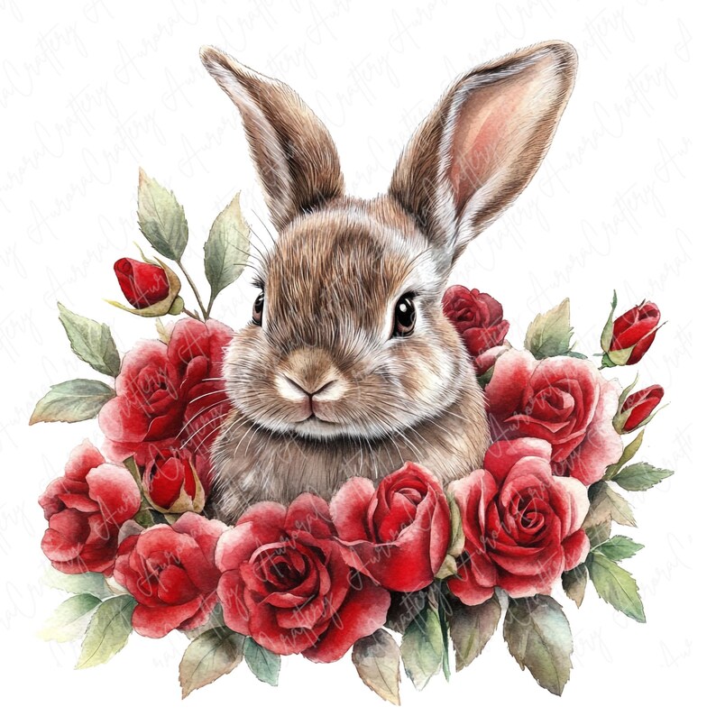 10 Watercolor Rose Bunny Clipart, Cute Valentine's Bunnies With Red ...