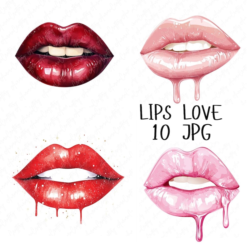 Lips Theme 10 Watercolor Lips Clipart, Glossy Romantic Lips With Heart Drips, Love ...