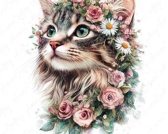 11 水彩猫の肖像画の花のクリップアート、花の猫のクリップアート