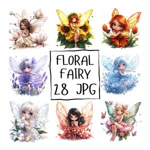 28 clipart fée florale, fées enchanteresses avec tournesols, lys et papillons, clipart fée mignon, téléchargement numérique de haute qualité