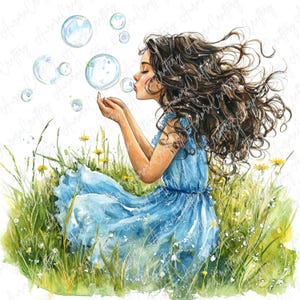 Ragazze in abiti blu che soffiano bolle, Clipart di una ragazza estiva carina, Bambina che gioca, Clipart estiva stravagante per lavoretti, JPG di alta qualità