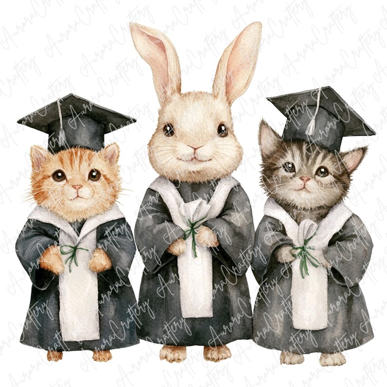6 Graduation Animal Friends Clipart, Watercolor Rabbits, Cats & Dogs in ...