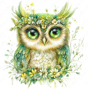 A collection of 16 whimsical watercolor owls adorned with beautiful floral crowns, ideal for use in invitations, nursery decor, and stickers. Each owl is intricately designed with delicate flowers and bright colors.