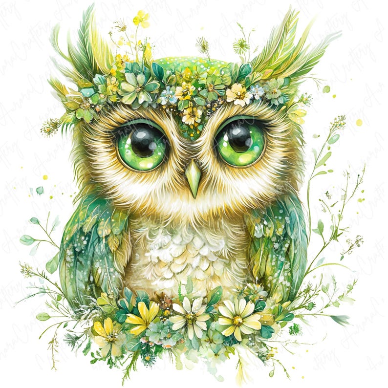 A collection of 16 whimsical watercolor owls adorned with beautiful floral crowns, ideal for use in invitations, nursery decor, and stickers. Each owl is intricately designed with delicate flowers and bright colors.