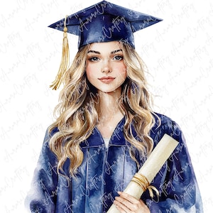 9 Aquarell Abschluss Mädchen Clipart, Klasse von 2025 verschiedene Studenten in Kleidern mit Diplom und Blumen, Abschlussarbeiten, hochwertige JPG