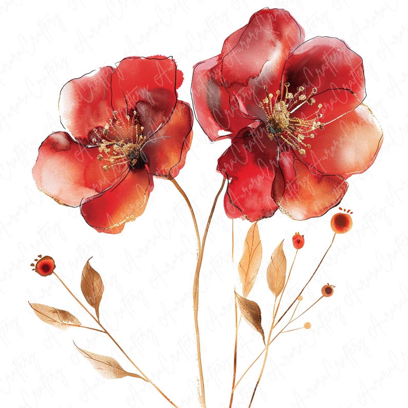 Watercolor red floral clipart image file JPG, featuring bold red blooms, perfect for adding a passionate touch to nursery decor, invitations, and more