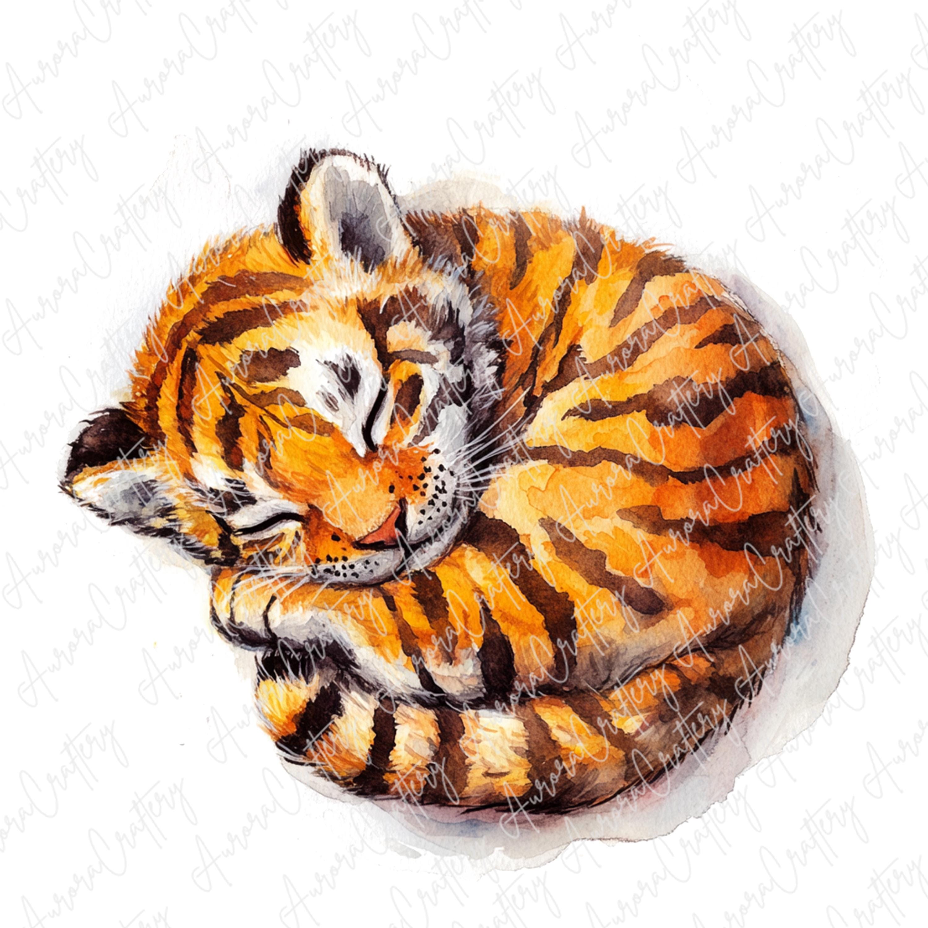 水彩画の赤ちゃんトラのクリップアート8点、木や草むらにいる