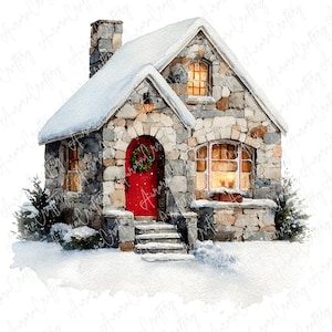 Puede incluir: Ilustración en acuarela de una cabaña de piedra cubierta de nieve. La cabaña tiene una puerta roja con una corona y ventanas iluminadas. Una chimenea y un tejado cubierto de nieve completan la escena invernal.