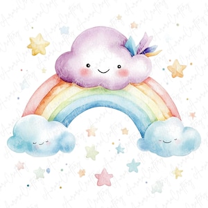 7 imágenes prediseñadas de nubes arcoíris pastel, adorables arcoíris kawaii con estrellas y nubes, imágenes prediseñadas para baby shower y guardería, para manualidades, JPG de alta calidad.