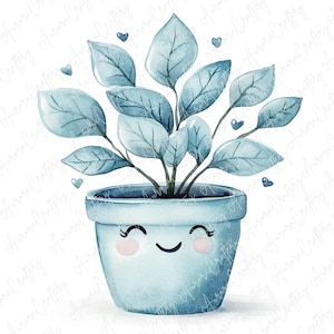 May include: Watercolor illustration of a potted plant with light blue leaves and a smiling face on the pot. The plant is in a light blue pot with a smiling face and small blue hearts floating around it. The image has a soft, watercolor style.