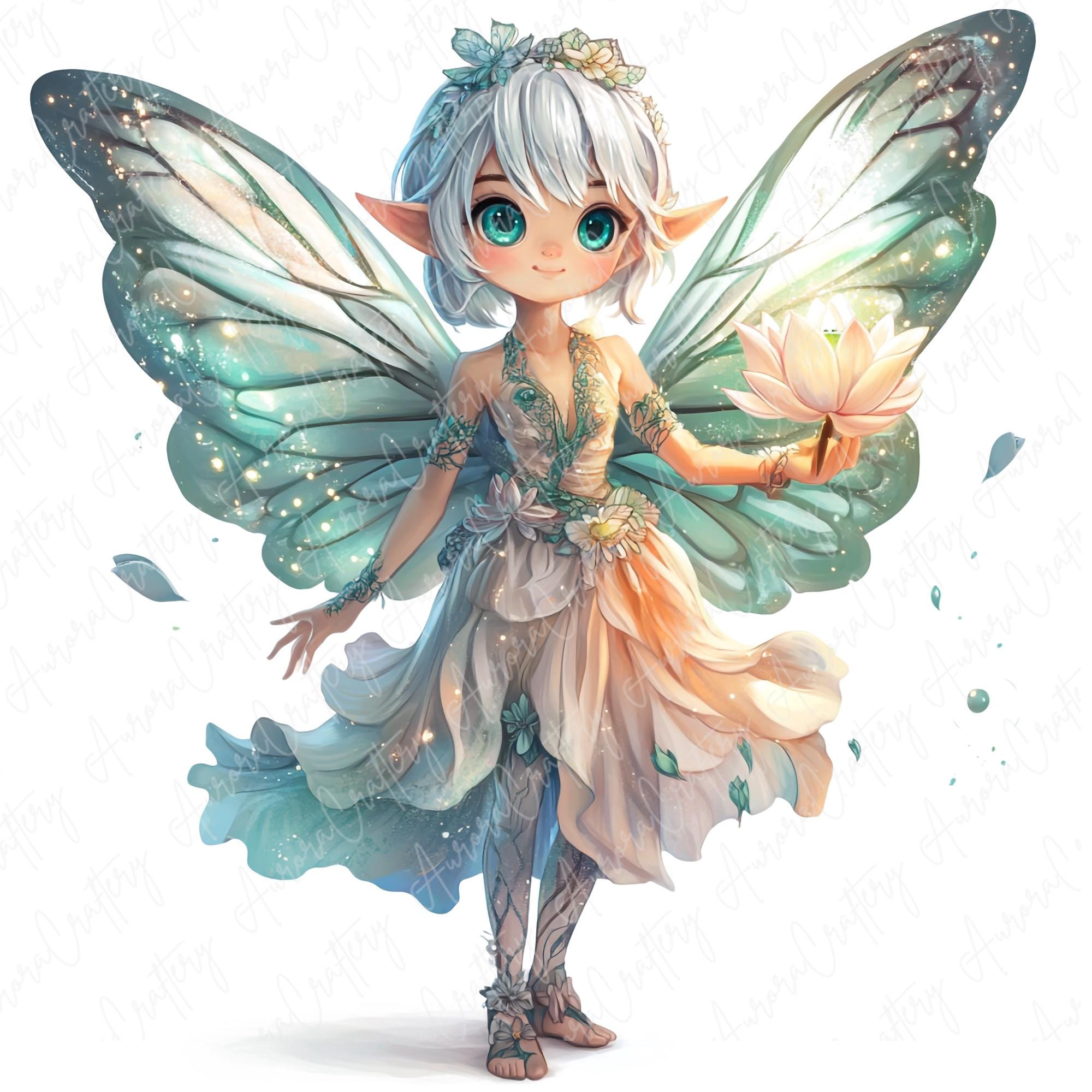 28 種類の花の妖精のクリップアート、ひまわり、ユリ、蝶の魅惑的な