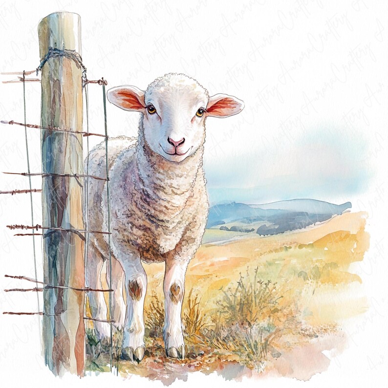 May include: A white sheep with a fluffy coat stands by a wooden fence post. The sheep is looking directly at the camera with a curious expression. The background is a watercolor painting of a grassy field and rolling hills.