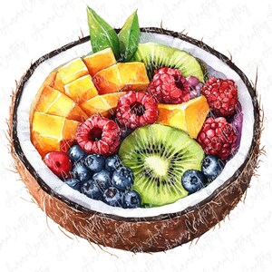 8 cliparts aquarelle de corbeille de fruits, fruits d'été dans des bols, clipart nourriture, baies, raisin, pêche, clipart de cuisine et artisanat, JPG de haute qualité