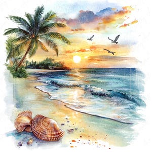 18 imágenes prediseñadas de atardeceres en la playa en acuarela: escenas tropicales, palmeras y vistas al mar para invitaciones y diarios. Descarga digital en formato JPG de alta calidad.