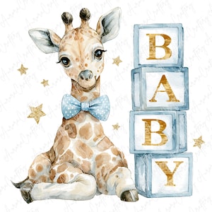 May include: A watercolor illustration of a baby giraffe wearing a blue bow tie, sitting next to blue blocks spelling "BABY" in gold letters. Gold stars are scattered around the giraffe and blocks. The giraffe has brown spots and a sweet expression.