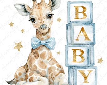 May include: A watercolor illustration of a baby giraffe wearing a blue bow tie, sitting next to blue blocks spelling "BABY" in gold letters. Gold stars are scattered around the giraffe and blocks. The giraffe has brown spots and a sweet expression.