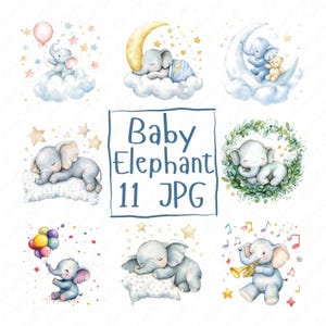 11 Clipart de Elefantes Bebês de Berçário em Aquarela | Clipart de Chá de Bebê Clipart de Berçário Decoração de Berçário | Download Digital JPG de Alta Qualidade