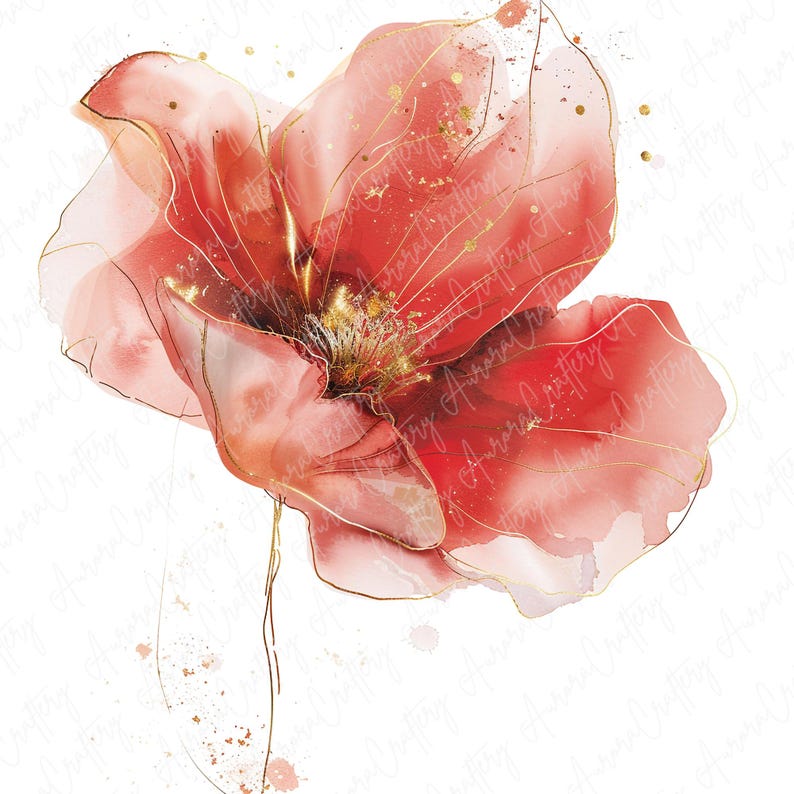 Watercolor red floral clipart image file JPG, featuring bold red blooms, perfect for adding a passionate touch to nursery decor, invitations, and more