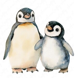 A set of 6 watercolor cute penguin illustrations featuring baby penguins and parent penguins, perfect for winter-themed crafts, nursery decor, and children’s designs.