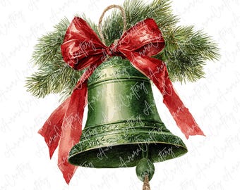 Könnte beinhalten: Aquarellillustration einer grünen Glocke mit roter Schleife und Tannenzweigen. Die Glocke hat eine strukturierte Oberfläche und eine Juteschnur zum Aufhängen. Festliche Weihnachtsdekoration.
