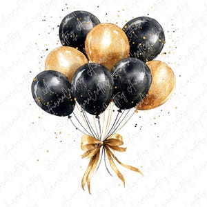 9 Schwarz Gold Ballon Clipart, Graduierung Ballons, Sterne, Konfetti, druckbare Feier Clipart, Party Clipart, hochwertige JPG