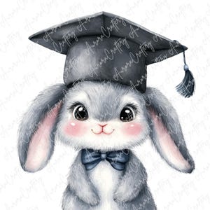 5 Aquarell Abschluss Bunny Clipart, niedliche Häschen in Mützen und Kleidern mit Diplom, Abschlussfeier Tier Clipart für Kunsthandwerk, hochwertige JPG