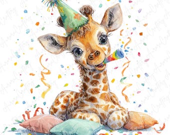 5 Watercolor Party Giraffe Clipart, Cute Baby Giraffe Birthday Illustration, Animal Party Clipart for Kids Crafts, Sticker, High Quality JPG