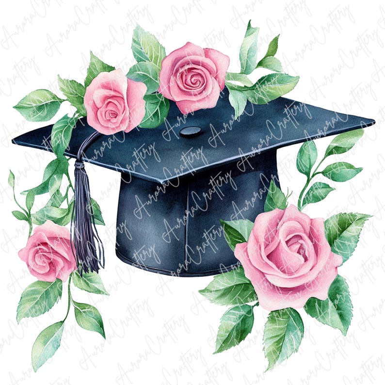 6 Graduation Cap With Pink Flower Clipart, Floral Grad Hats With Roses ...