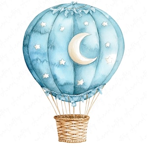 11 Baby Blau Heißluftballon Aquarell Clipart, verträumte Kinderzimmer Dekoration, Baby Boy Abenteuer-Themen Designs, Baby Dusche Clipart, Baby Clipart