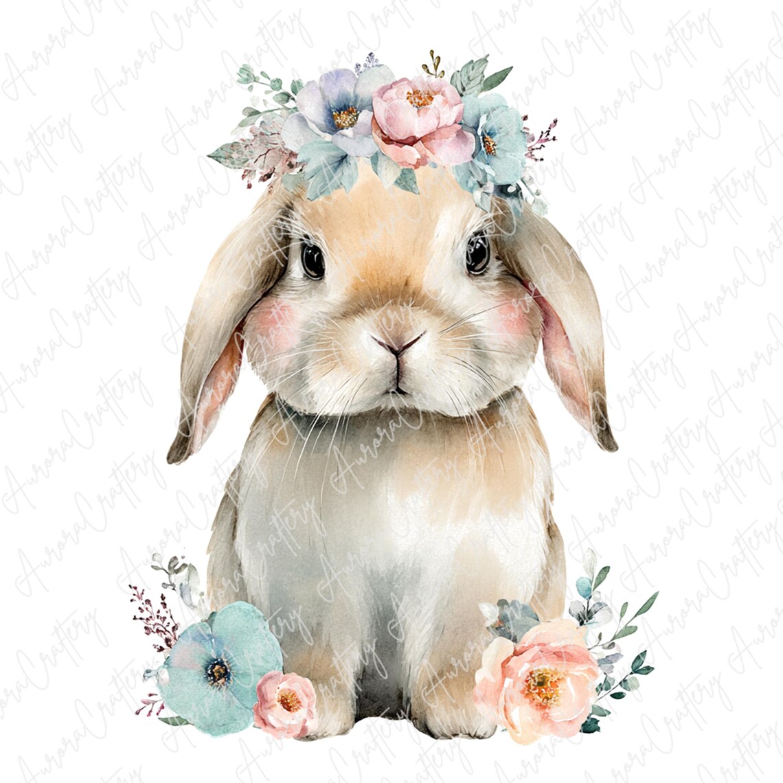 7 Watercolor Bunny Clipart With Flower Crowns, Cute Rabbit Clipart for ...