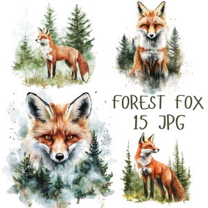 Renard aquarelle dans des cliparts forêt, clipart renard forêt, renard majestueux avec des arbres, travaux manuels imprimables en papier des cliparts, téléchargement JPG de haute qualité