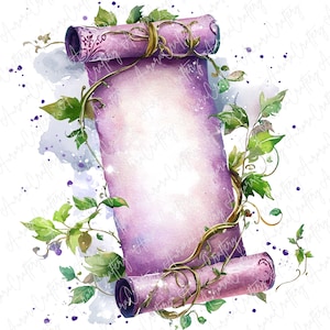 Puede incluir: Ilustración en acuarela de un pergamino con el centro en blanco, enrollado en ambos extremos. El pergamino es de color púrpura suave, adornado con vides y hojas verdes. Salpicaduras de pintura púrpura y el texto "Aurora Craftry" son visibles.
