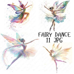 Può includere: Quattro fate con ali iridescenti e abiti fluidi danzano in aria su uno sfondo bianco. Le fate sono tutte in pose diverse, con le ali spiegate e gli abiti che svolazzano nel vento. Il testo "FAIRY DANCE 11 JPG" è scritto sotto le fate.